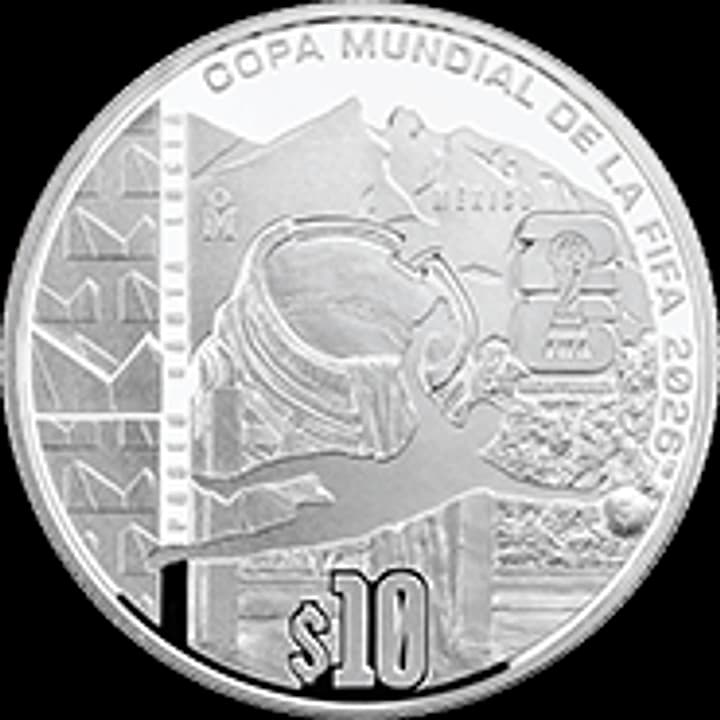 Reverso de 1 onza plata Mundial 2026 Monterrey con Macroplaza, Cerro de la Silla y balón